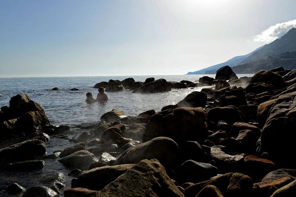 The therapeutic hot springs of Therma, Ikaria, meeting the sea