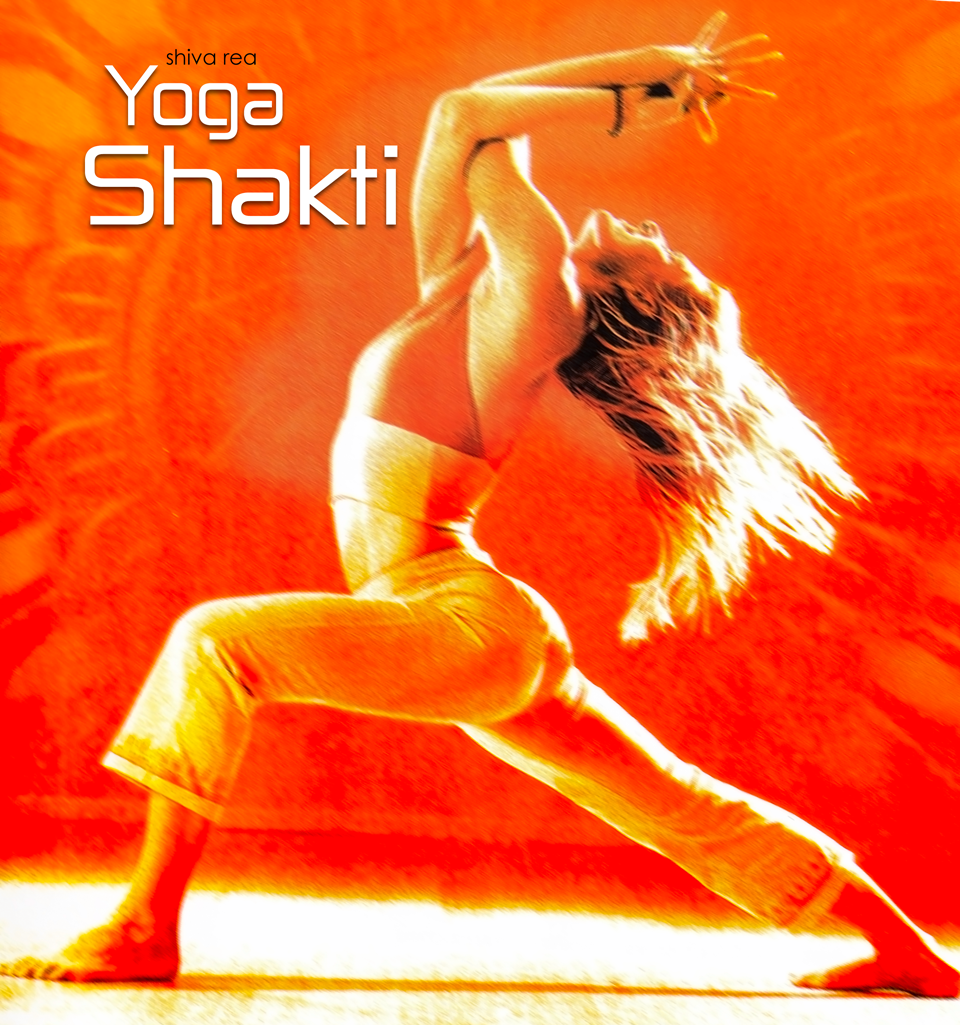 Shiva in a crescent lunge with arms rising, on the original Yoga Shakti cover